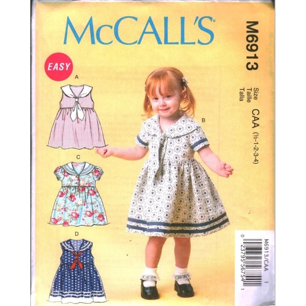 McCall's M6913 Toddlers Dresses Sewing Pattern Sailor Collar Size 1/2-4 Easy